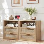 LEYAOYAO Rattan Nightstands Set of 2 with Charger Station, 23" Wide Boho Night Stand with 2 Drawers, Natural Wood Bedside Table Open Shlef, Bed Side End Table Dresser for Bedroom, Living Room Hallway