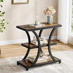 Tribesigns End Table with Storage, 3-Tier Side Table with Geometric Metal Design, Industrial Nightstand for Small Spaces, Living Room, Bedroom, Study Room (1, Rustic Brown)