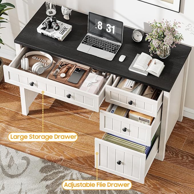 Vabches Farmhouse Executive Desk with 4 Drawers, Home Office Desk with Storage Cabinet and File Drawer, Wood Computer Desk with Storage, Rustic Office Desk for Work Study Writing, Black White
