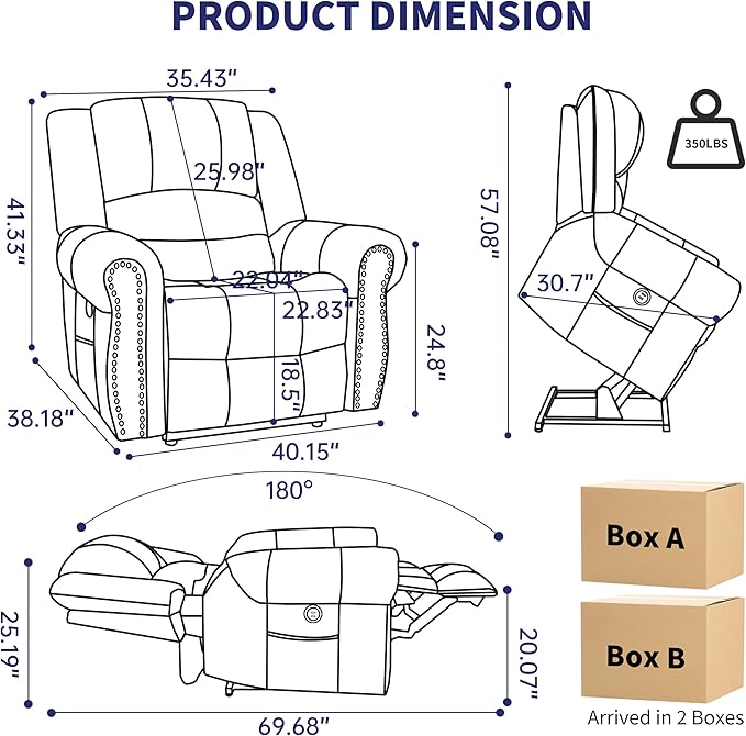 Luxlen Power Lift Recliner Chair for Elderly, Dual Motor Massage Recliner with Lumbar Heat, Heavy Duty Motion Mechanism Lift Chair with Charge Ports, Genuine Leather - Brown