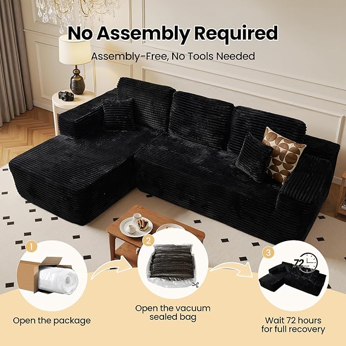 104" Cloud Sectional Couch with Chaise, Boneless L-Shaped Cloud Couch with Deep Seat, Soft Plush Modern Minimalist Sofa, Assembly Free Comfy Sofa for Office Living Room Apartment(Black, Left Chaise)