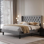 SHA CERLIN Queen Size Upholstered Platform Bed Frame with Wingback Headboard, Tufted Linen Fabric, Wooden Slats Support, Easy Assembly, No Box Spring Needed, Light Grey
