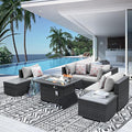 NICESOUL 7 Piece Modern Outdoor Couch with Fire Pit Natural Gas/Propane, 29.3 High Back XL Large Size Wicker Patio Conversation, Elegant Deep Seating Comfy Sectional Furniture Set for Deck Porch, Gay