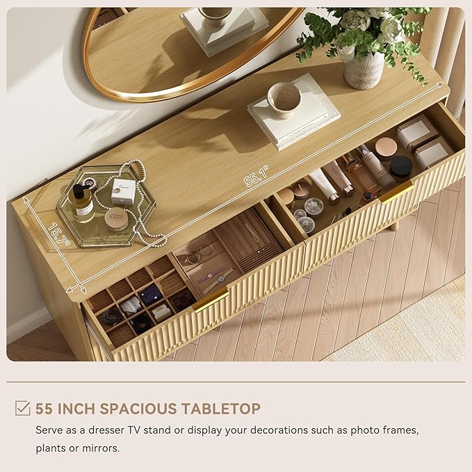 CARPETNAL Fluted 6 Drawer Dresser for Bedroom, 55" Wide Wooden Chest of Drawers with Rounded Corners, Gold Handles, Modern Storage Organizer for Bedroom, Hallway(Oak)