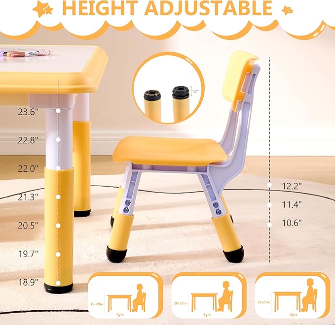 Kids Table & Chairs Set (2 Chairs), Height Adjustable Toddler Table and Chair Set for Kids Ages 3-8 with Graffiti Desktop, Learning & Art Activity Desk for Classroom, Home, Daycare (Natural)