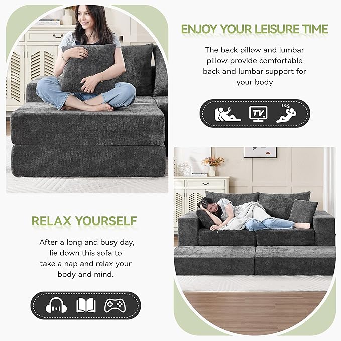79" Boneless Cloud Loveseat Sofa Couch, Modular Foldable Floor Sofa with Ottoman, Chenille Lounge Convertible Sofa Bed for Living Room, No Assembly, Dark Grey