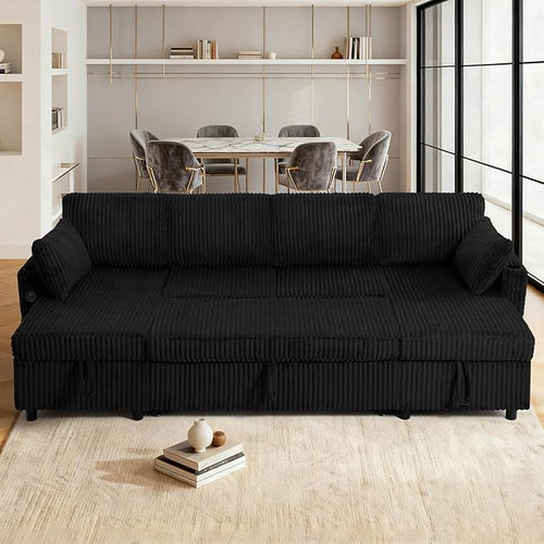 110" Corduroy Pull Out Sofa Bed w/Adjustable Backrests, Sectional U-Shape Sleeper Sofa w/Storage Chaise, Convertible Couch Bed w/USB Charging Port & Cup Holders for Living Room, House, Black
