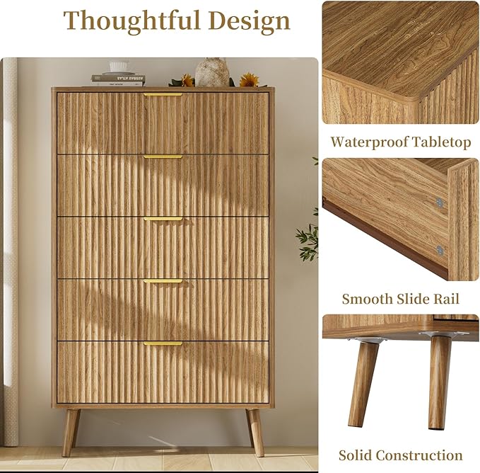 LYNSOM Fluted Dresser and Nightstand Sets 3 Piece, 5-Drawers Dresser and 2-Drawer Nightstands Set of 2, Wood Bedroom Furniture Set for Home, Bedroom, Hallway, Natural Oak