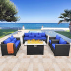 Rattaner 5 Pcs Outdoor Furniture Sets Patio Furniture Set with 45" Fire Pit Patio Couch Outdoor Chairs 60000 BTU Steel Propane Fire Pit Table No-Slip Cushions and Waterproof Covers, Royal Blue