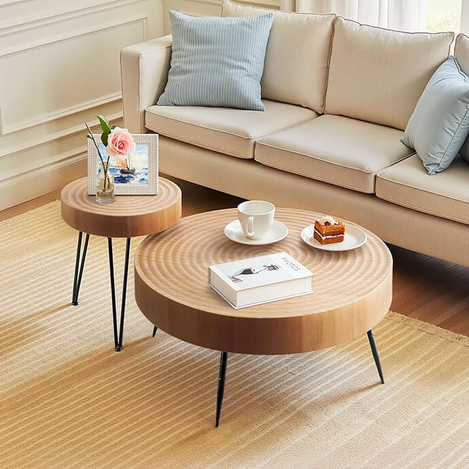 VEVOR 2 Pieces Round Coffee Tables Sets, 31.3 in Industrial Living Room Table with 1 End Side Table, Easy Assembly Coffee and End Tables Sets with Metal Legs, for Office, Living Room and Apartment