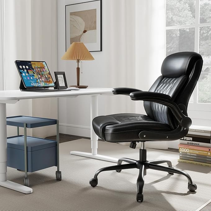 AnyGod Executive Leather Office Chair, Ergonomic Mid-Back Desk Chairs Comfy for Home Office with Flip-up Armrests, Lumbar Support, Adjustable Height and Swivel Rolling Wheels