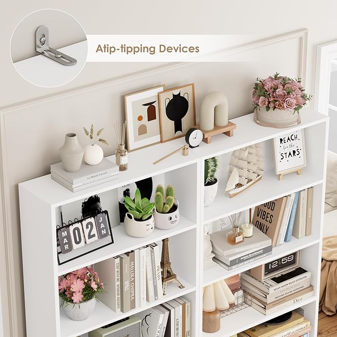 FOTOSOK 70.8" Tall Bookcase Shelf, 6 Tier Wide Bookshelf with Storage, Billy Bookcase Set of 2, Large Bookshelf for Living Room, Home Office, White