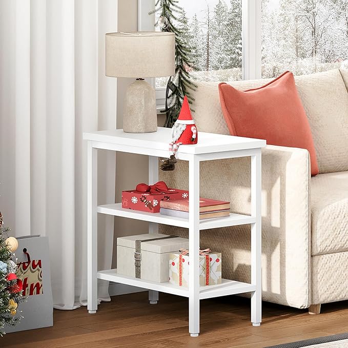 HOOBRO End Table, Simple Rustic Side Table with 3-Tier Storage Shelf, Narrow Nightstand for Small Spaces, Easy Assembly, for Living Room, Bedroom, Industrial Design, White WT14BZ01