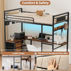Twin Loft Bed with Desk, Gaming Bunk Bed with Stairs, Metal Loft Bed Heavy Duty Loft Beds for Adults, 3 Fabric Drawers, LED Lights & Charging Sation, No Noise & No Box Spring Needed, Black