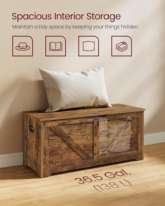 VASAGLE Storage Chest, Storage Trunk with 2 Safety Hinges, Storage Bench, Shoe Bench, Farmhouse Style, 15.7 x 39.4 x 18.1 Inches, for Entryway, Bedroom, Living Room, Rustic Brown ULSB060T01