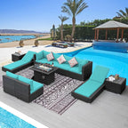 NICESOUL 11 Piece Outdoor Patio Furniture Set with Fire Pit Natural Gas/Propane, 29.3'' High Back Comfy Wicker Seactional w/Chaise Lounge, Large Deep Seat Backyard Seating, Turquoise & Grey