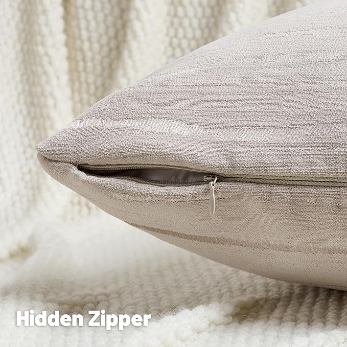 FUTEI Beige Chenille Decorative Throw Pillow Covers 16x16 Inch Set of 2,Soft Embossed Striped Textured Cushion Case,Modern Home Decor for Couch Bed Living Room