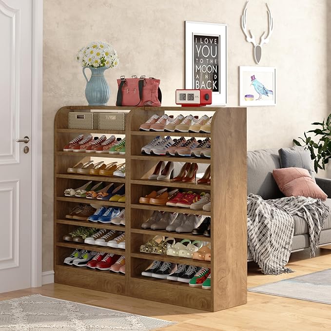 Tribesigns Shoe Rack for Entryway, 8-Tier Tall Shoe Shelf Shoes Storage, Wooden Shoe Cabinet Organizer for Closet, Hallway, Living Room, Wood Color, 2 Pcs
