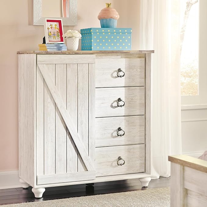 Signature Design by Ashley Willowton Shabby Chic Dressing Chest with Faux Plank Top, Whitewash