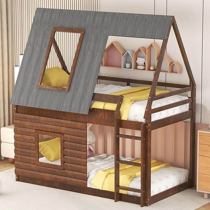 Wood Twin Size House Bunk Bed with Roof Ladder and 2 Windows,Floor Bedframe Low Bed Frame for Boys Girls Kids Teens Bedroom,Oak & Smoky Grey,Easy to Install,Brown