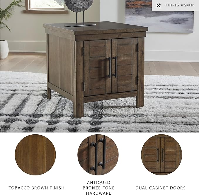 Signature Design by Ashley Moriville Rustic Farmhouse Rectangular End Table with Dual Cabinet Doors, Antique Bronze-Tone Hardware, Wood, 25" High, Brown