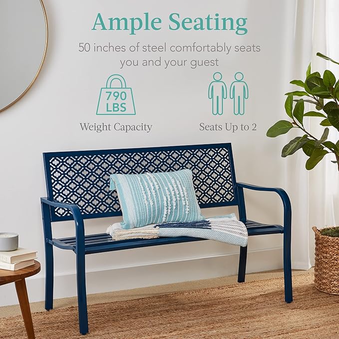 Best Choice Products Outdoor Bench 2-Person Metal Steel Benches Furniture for Garden, Patio, Porch, Entryway w/Geometric Backrest, 790lb Capacity - Peacock Blue