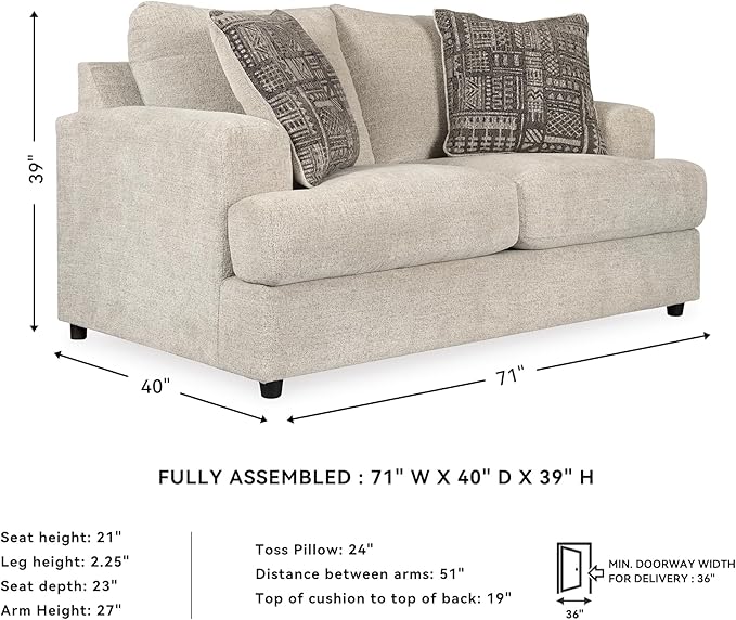Signature Design by Ashley Soletren Contemporary Chenille Loveseat with 2 Accent Pillows, Off-White