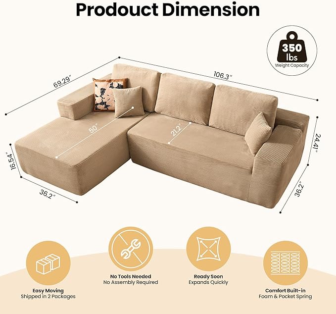 104" Cloud Sectional Couch with Chaise, Boneless L-Shaped Cloud Couch with Deep Seat, Corduroy Modern Minimalist Sofa, Assembly Free Comfy Sofa for Office Living Room Apartment(Camel, Left Chaise)