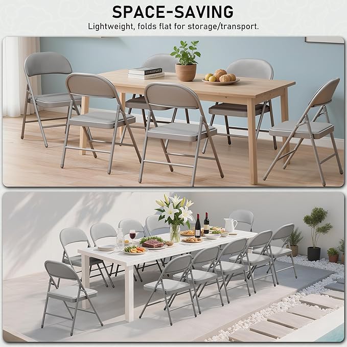 SEALAMB 4 Pack Grey Folding Chairs with Padded Seats & Cushion, Durable Metal Foldable Chairs for Wedding Party, Commercial Chairs for Office School Church Events, 330lb Capacity (Grey-PU, 4 Pack)