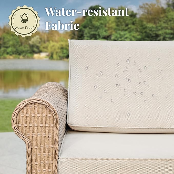 Patio Furniture Set, 5 Piece Outdoor Rattan Wicker Sectional Sofa Couch Conversation Set with 5.5" Thick Waterproof Cushions and Coffee Table for Deck Backyard