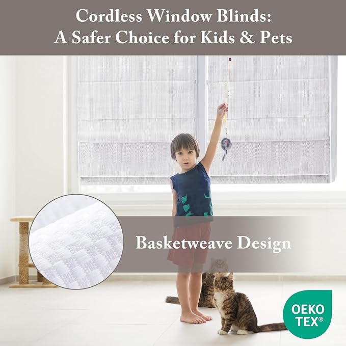 Madison Park Galen Matte White Cordless Roman Shades - Fabric Privacy Single Panel Darkening, Energy Efficient, Thermal Insulated Window Blind Treatment, for Home, Living Room Decor, 31" W x 64" H
