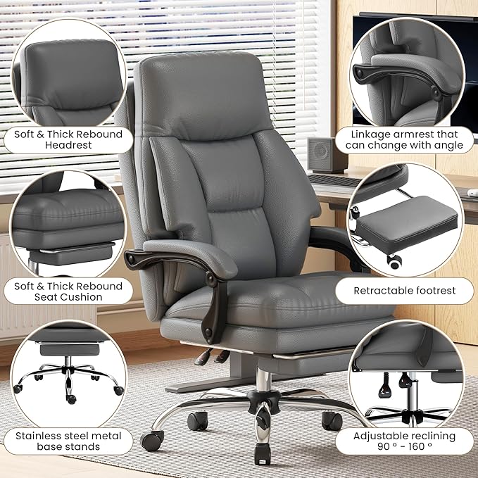 Home Office Desk Chair, 90°-160° Reclining, High Back Executive OfficeChair 400LBS with Footrest, Ergonomic Scratch-Resistant Faux Leather Computer Gaming Chair with Lumbar Support
