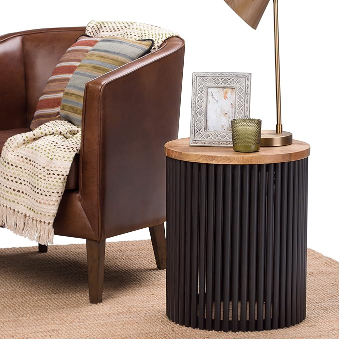 SIMPLIHOME Demy Metal and Wood Accent Table - 18 inch Wide Solid Metal Round End Table in Natural and Black, Industrial Side Table or Coffee Table for Living Room with Compact Design, Assembled