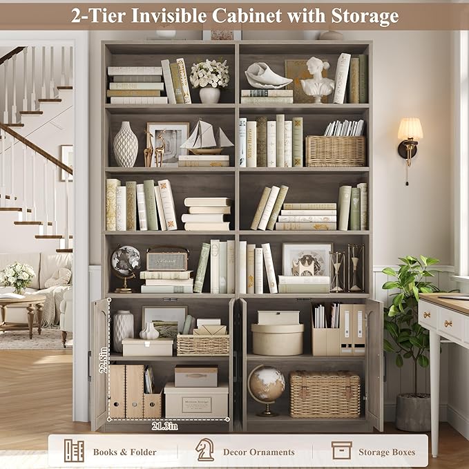 FACBOTALL Bookshelf and Bookcase with Doors, 6 Tier Double Wide Large Bookshelves, Open Display Shelves, 73'' Tall Bookshelf with Storage Cabinets for Home Office, Living Room, Library, Wash Gray