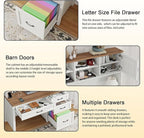 Farmhouse 67" H Executive Desk with Hutch,Office Desk with 4 Drawers and LED light, Wood Workstation for Home Office and Study, Computer Desk with Storage Cabinet & File Drawers and Charging Station
