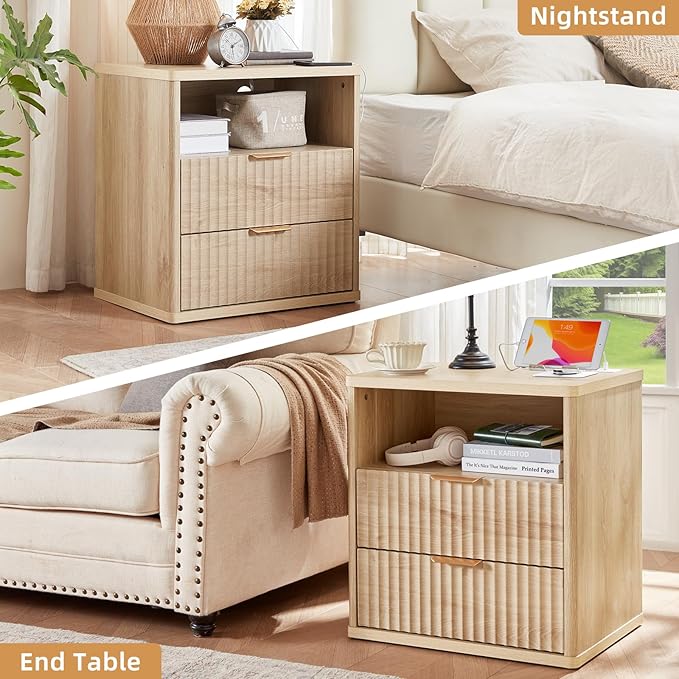 LEYAOYAO Fluted Farmhouse Nightstand Set of 2 with Charging Station, 23" Wide 2 Drawers End Table,Natural Dresser for Bedroom,Bed Side Table Chest of Drawers Cabinet,Wood Night Stand for Living Room