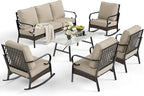 6 Piece Metal Outdoor Patio Furniture Set, Patio Conversation Set 1 3-Seater Sofa, 2 Fixed Sofa, 2 Rocking Sofa with 5.75" Thick Cushion & Coffee Table Black Backyard Furniture, Beige