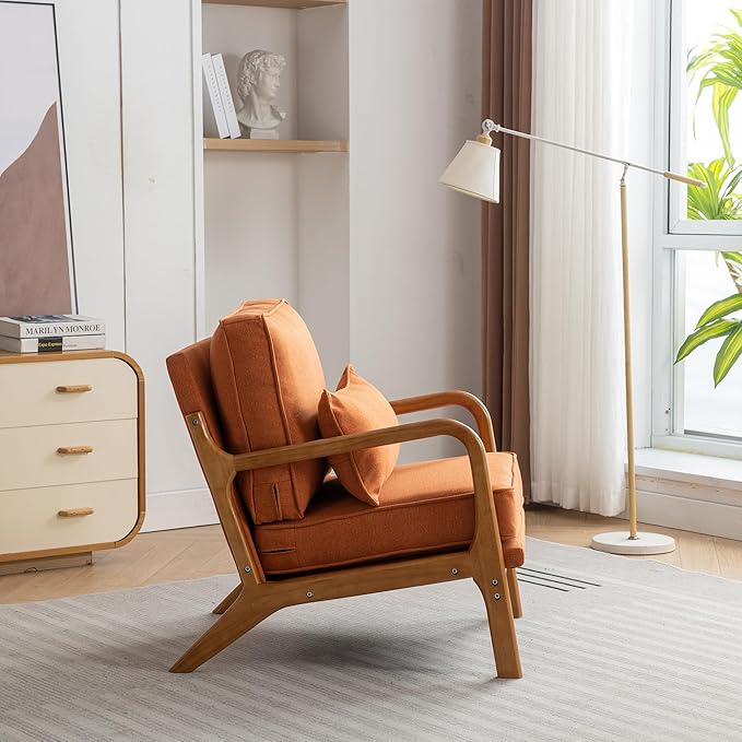Mid-Century Accent Chair,Linen Fabric Lounge Chair with Wide Armrest, Armchair with Lumbar Pillow & Solid Wood Frame for Living Room, Bedroom, Reading Nook(Orange)