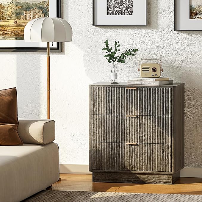 Mid Century Modern 3 Drawer Dresser for Bedroom, Fluted Wood Nightstand with Round Edge Design, Shallow Bedroom Storage for Closet, Living Room（Charcoal Oak）