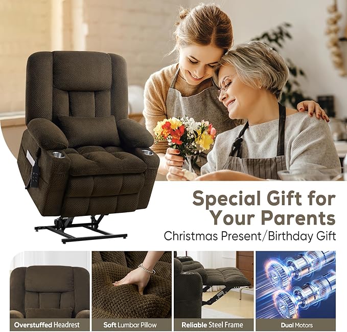 ABCASA Oversized Dual Motor Lay Flat Power Lift Recliner Chair, Massage Recliner with Heat for Living Room, Lumbar Pillow, USB & Type-C Ports, Oversized Recliner for Elderly & Big People - Brown
