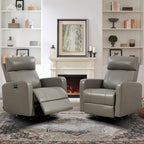 Genuine Leather Power Swivel Recliner Chair, Glider Electric Rocking Chair for Adults. Nursery Rocker Sofa Chair with Adjustable Headrest for Living Room. Wireless Charging/Type-C&USB, Grey
