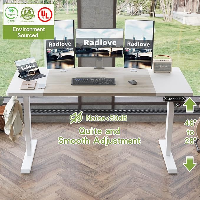 Radlove Electric Height Adjustable Standing Desk, 63x 30 Inches Stand Up Desk Workstation, Splice Board Home Office Computer Standing Table Ergonomic Desk (White+ Oak, 63x30'')