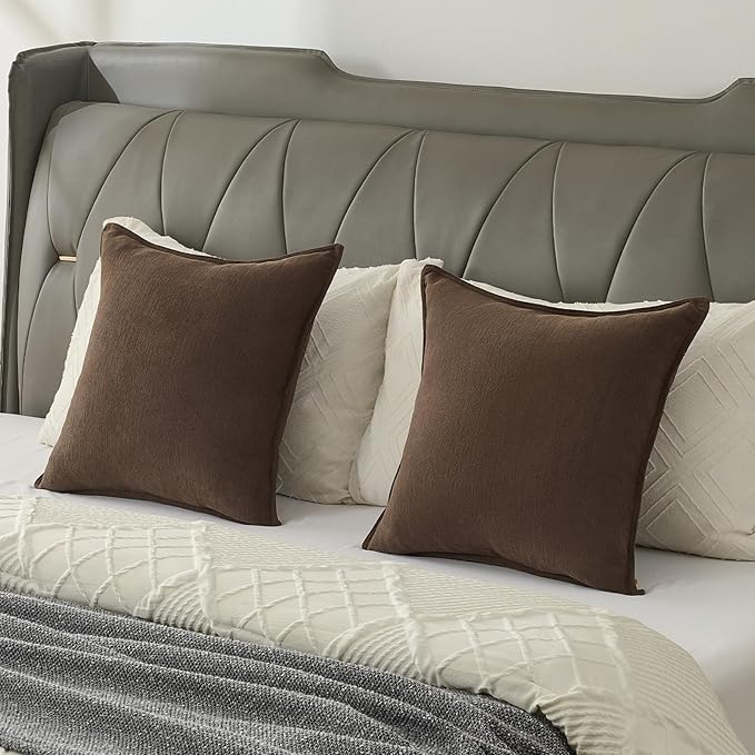FUTEI Dark Coffee Chenille Throw Pillow Covers 16x16 Inch Set of 2,Edges Double-Stitched Cushion Cases,Modern Home Decor for Couch Living Room