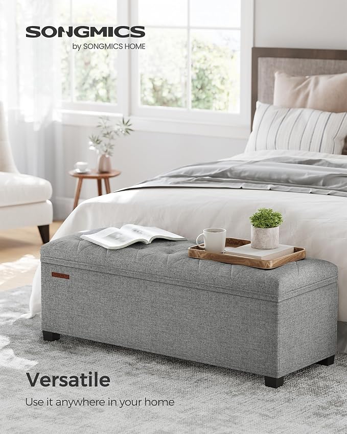 SONGMICS Storage Ottoman Bench, Foot Rest with Legs, 15.7 x 43.3 x 15.7 Inches, End of Bed Bench, Storage Chest, Load up to 660 lb, for Living Room, Bedroom, Entryway, Light Gray ULSF088G02