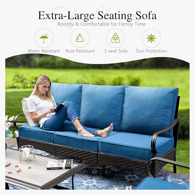 Sophia & William Patio Furniture Set with Fire Pit Table, 4PCS Metal Outdoor Conversation Set with Fire Pit Table, 2 Swivel Chairs,1 Loveseat,3-Seater Couch for Outdoor Seating,Backyard,Porch(Navy)