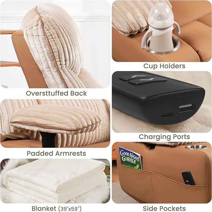 GRAINELL Rocking Chair Nursery, Electric Swivel Recliner Glider with Adjustable Armrests, Nursing Chair with USB Charger, Cup & Blanket Holders, Brown Corduroy & PU Leather