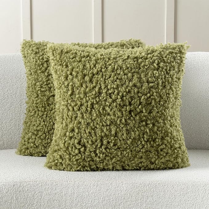 FUTEI Olive Green Decorative Throw Pillow Covers 26x26 Inch Set of 2,Soft Fluffy Faux Wool Fur Boucle Textured Euro Pillow Shams,Modern Home Decor for Couch Bed Living Room Office