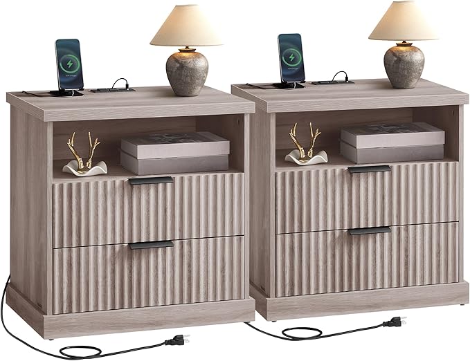 VASAGLE MAXE Collection - Set of 2 Nightstands with Charging Station, Fluted Night Stand, Bedside Table, Mid Century Modern Side End Table, 2 Drawers, 2 AC Outlets, 2 USB Ports, Washed Gray ULET926G01