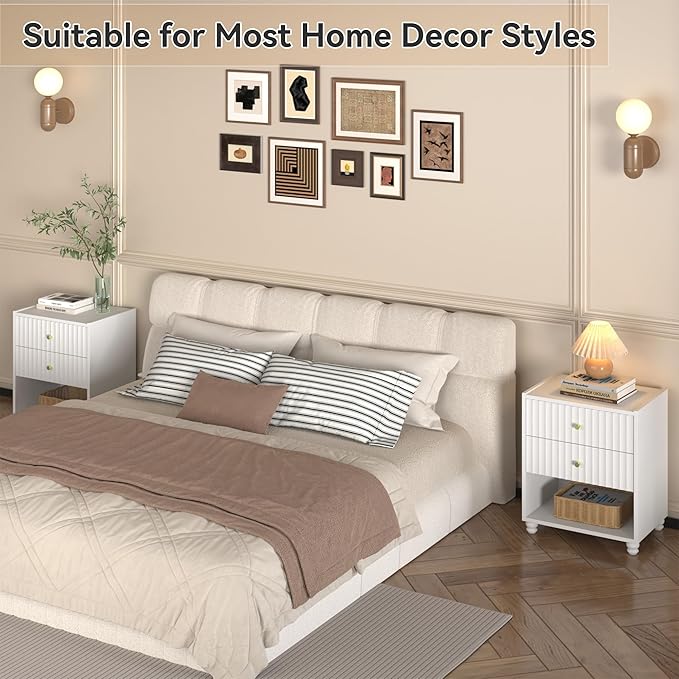 Modern Nightstand Set of 2, Fluted End Table with Open Shelf, Night Stand with 2 Drawers for Bedroom (2,White)