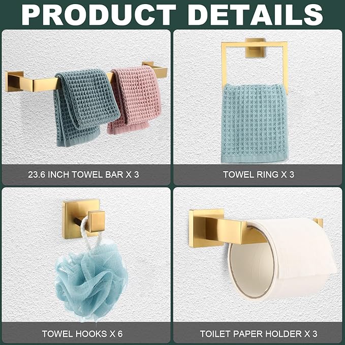 Gisafai 15 Pcs Bathroom Hardware Accessories Set 23.6 Inch Bath Towel Bar Kit Stainless Steel Bathroom Hardware Set Towel Racks Ring Hooks Paper Holder for Wall Mounted (Brushed Gold)